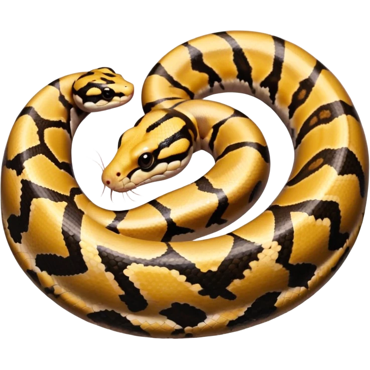 A photo-realistic top-down view of a Ball Python gently coiled into a tight spiral, with its head resting peacefully at the center. Its scales are warm brown with bold, irregular black markings, including the distinctive “alien-head” pattern, flowing smoothly along its body.  emoji