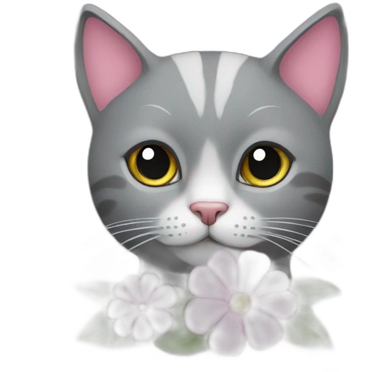grey cat with a pink flower emoji