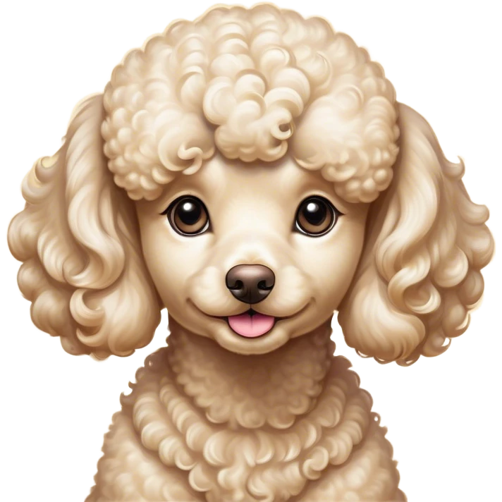 Cinematic Cute Cream Poodle Portrait Emoji, Head tilted playfully and inquisitively, showcasing a bouncy, curly cream Fur with a luminous sheen, round, sparkling warm eyes filled with curiosity, Simplified yet irresistibly adorable features, highly detailed, glowing with a warm, friendly glow, high shine, affectionate and lively, stylized with a touch of whimsy, bright and endearing, soft glowing outline, capturing the essence of a mischievous yet loving companion, so playful it feels like it could bounce out of the screen and into your arms! emoji