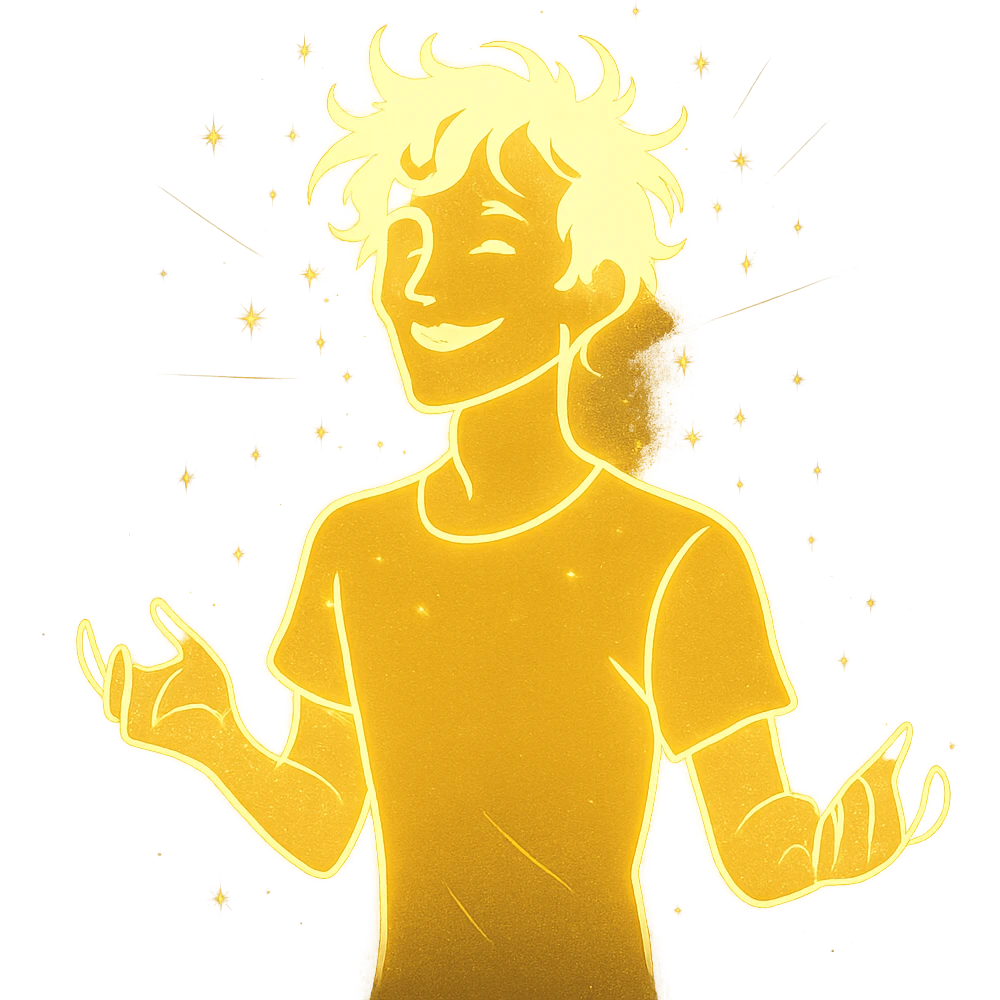 radiant young man with a soft glow and captivating energy, symbolizing lighthearted chaos and allure, in a minimalist silhouette emoji