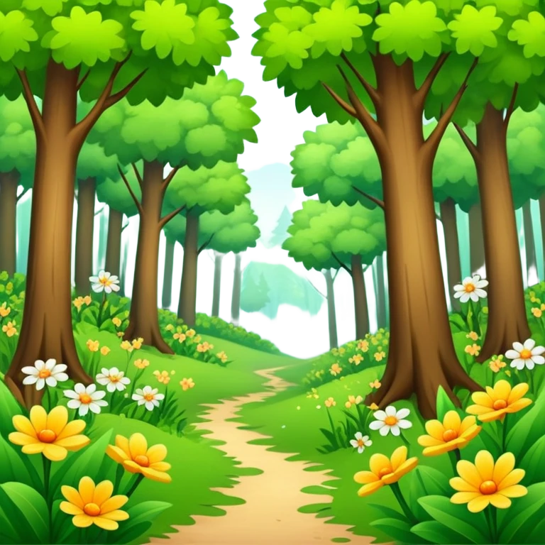spring season in a forest with trees having fresh green leaves and blooming flowers, bright and cheerful emoji
