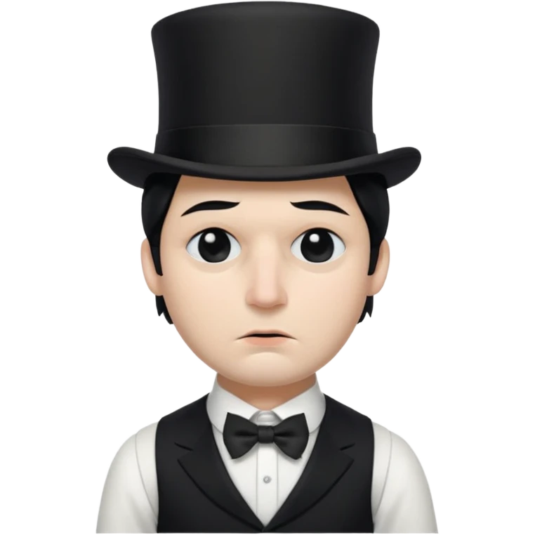 A man with snow white skin, a black half mask with an eye hole, a black top hat, a black vest with a black tie tucked underneath, and a white collared shirt. A frown, and closed eyes. emoji