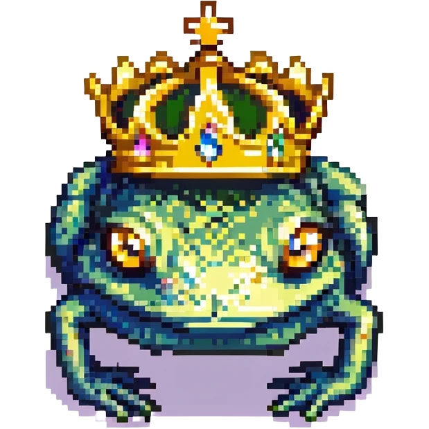 pixel art crowned frog, with a golden crown and big eyes emoji