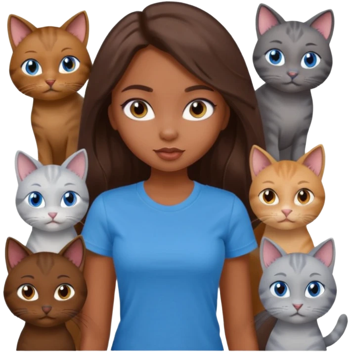a pretty bratz dusky girl with long brown hair, blue eyes with six cats nd wearing a grey tshirt emoji