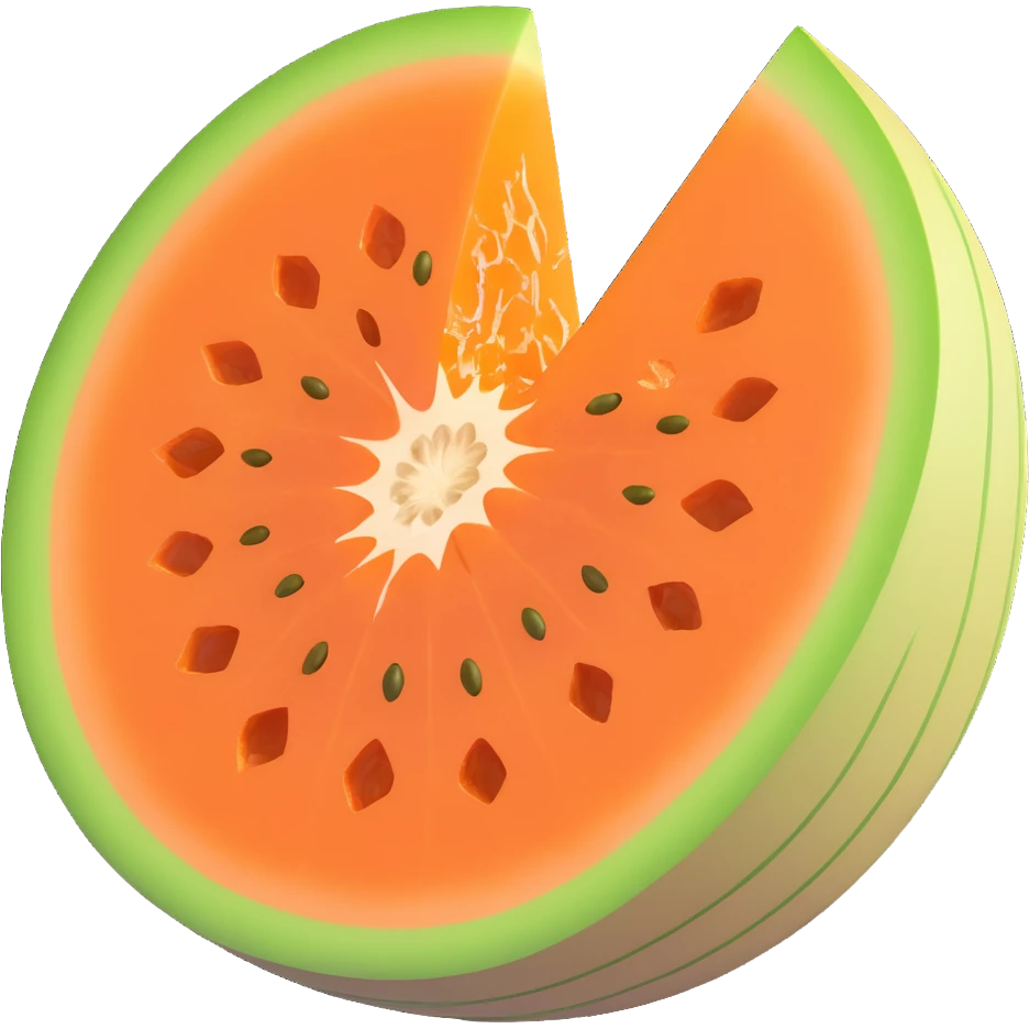 whole cantaloupe melon with rough netted beige-green rind, thick wedge slice showing bright orange flesh and seed cavity, juicy soft inside, firm rind, clean 3D, soft lighting, emoji scale emoji
