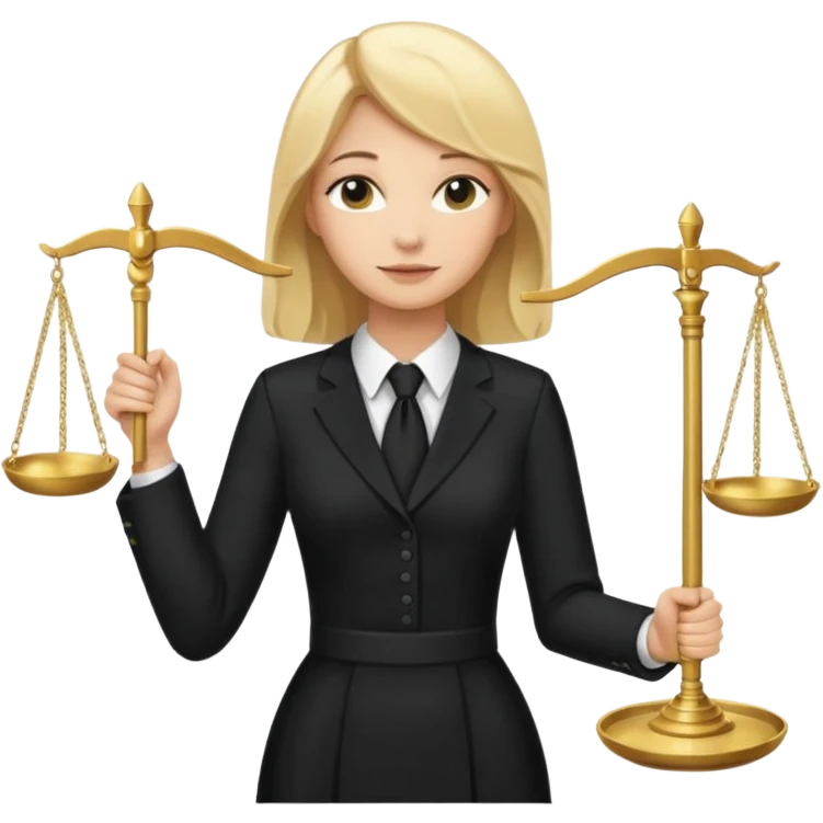 woman lawyer blanche et blonde avec des cheveux mi-long; elle est habillée avec une longue robe noire et une cravate blanche; elle est victorieuse en portant la balance de la justice emoji