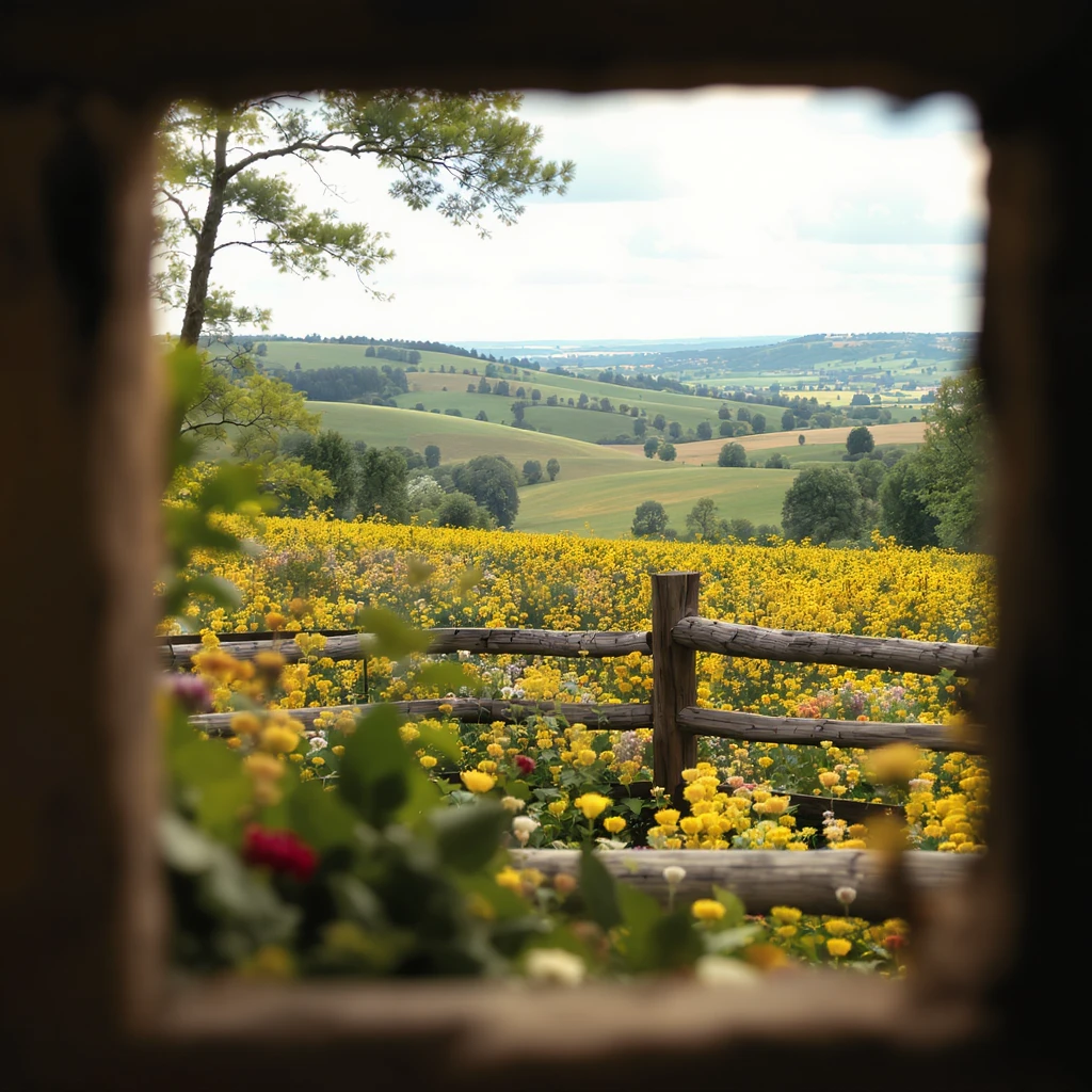 "Two shot" in the foreground, blurred plants in the foreground (frame within a frame), a wooden fence and colorfull flowers in the midground, Poland, rolling hills in the background, cinematic depth of field, layered composition, natural lighting emoji