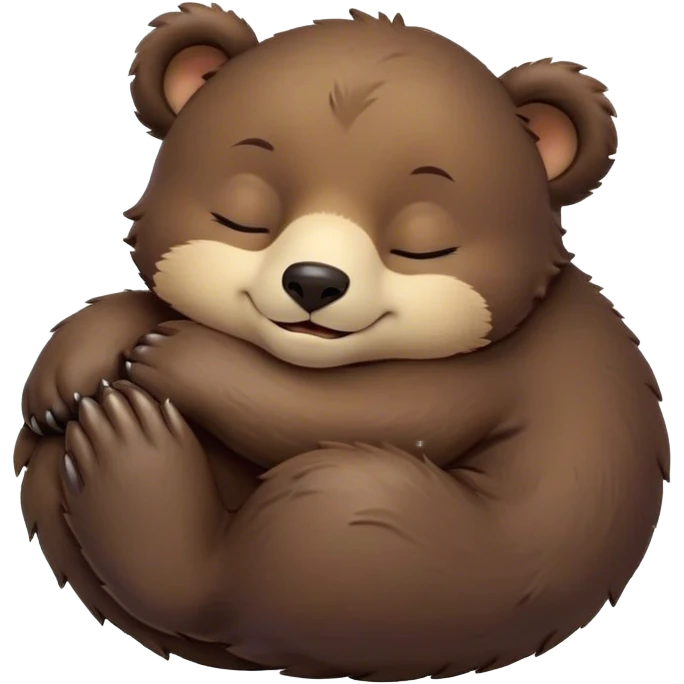 Meme-Worthy Cute Sleeping bear cub Portrait Emoji, Head resting peacefully with a contented smile, showcasing a massive, robust build and a luxuriously soft dark brown fur, eyes shut in a serene, restful nap, Simplified yet hilariously adorable features, highly detailed, glowing with a soft, drowsy light, high shine, relaxed and utterly lovable, stylized with an air of playful laziness, bright and heartwarming, soft glowing outline, capturing the essence of a comically sleepy bear cub, so meme-worthy it feels like it could instantly become the next viral sensation of adorable slumber! emoji