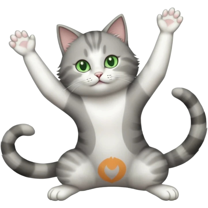 grey and white cat with green eyes doing a big extremely long stretch reaching up into the air with arms and legs side by side together straight and overextended emoji