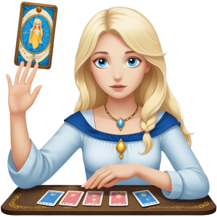 Blonde girl blue eyes makes a hand on the cards tarot  emoji