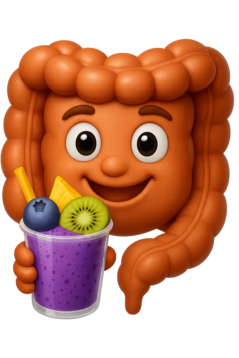 EMOJI STILE IPHONE DI un intestino umano anatomico che beve un frullato di mirtilli, ananas, kiwi, fagli anche la parte bianca degli occhi, non solo le pupille, REALISTICo 4K emoji