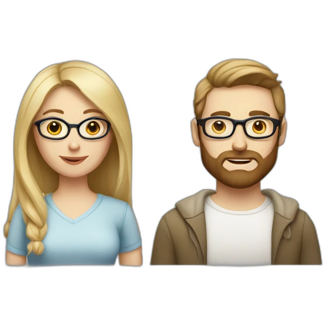 White-skinned woman without glasses with big eyes, blonde and square hair, and her husband with white skin and glasses with brown beard and hair emoji