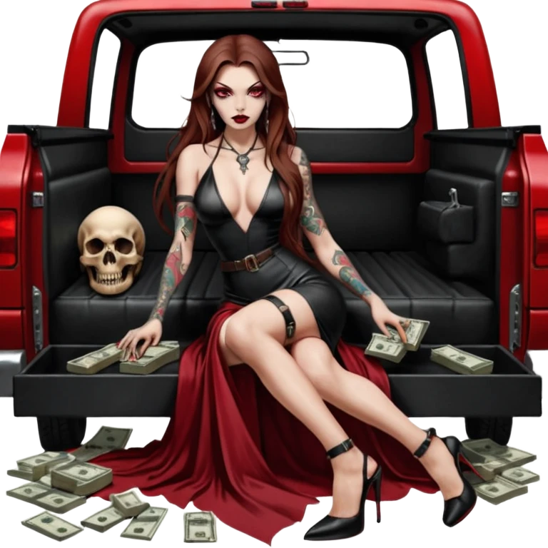 Lilith symbol red eye seductress evil long brown haired sexy succubus woman with leather long dress with slit, sitting in Big Large F350 pickup truck. Black Platform high heels on feet. Tattoo sleeve arms, seat full of stacks of cash, and a man dead human skull of her enemies and a gun in other hand emoji