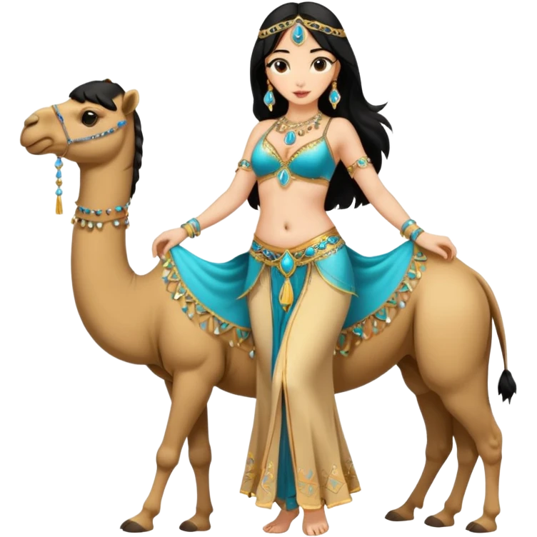 black hair belly dancer with camel emoji