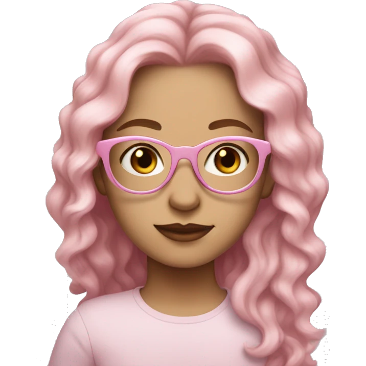 White girl with pastel pink long wavy hair and round pastel pink glasses and brown eyes emoji