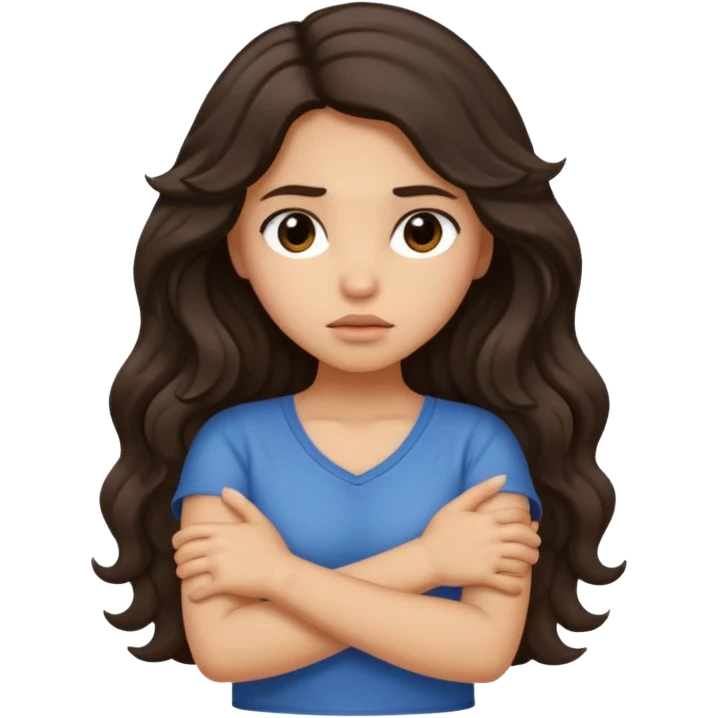 Hispanic light tan girl with long dark wavy hair crossing her arms under arm pit and slightly pouting emoji