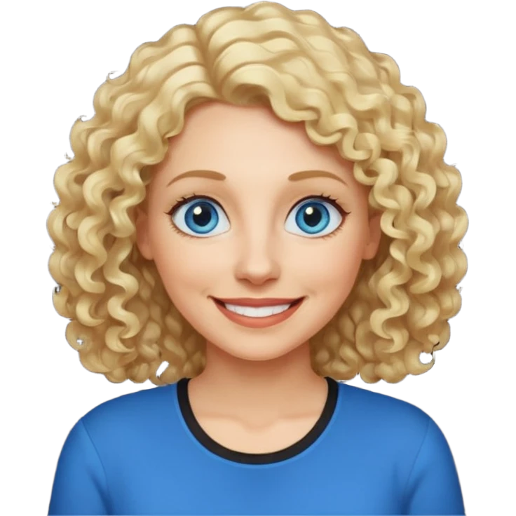Middle aged woman with blonde curly shoulder-length hair, big blue eyes, wide smile, black shirt emoji