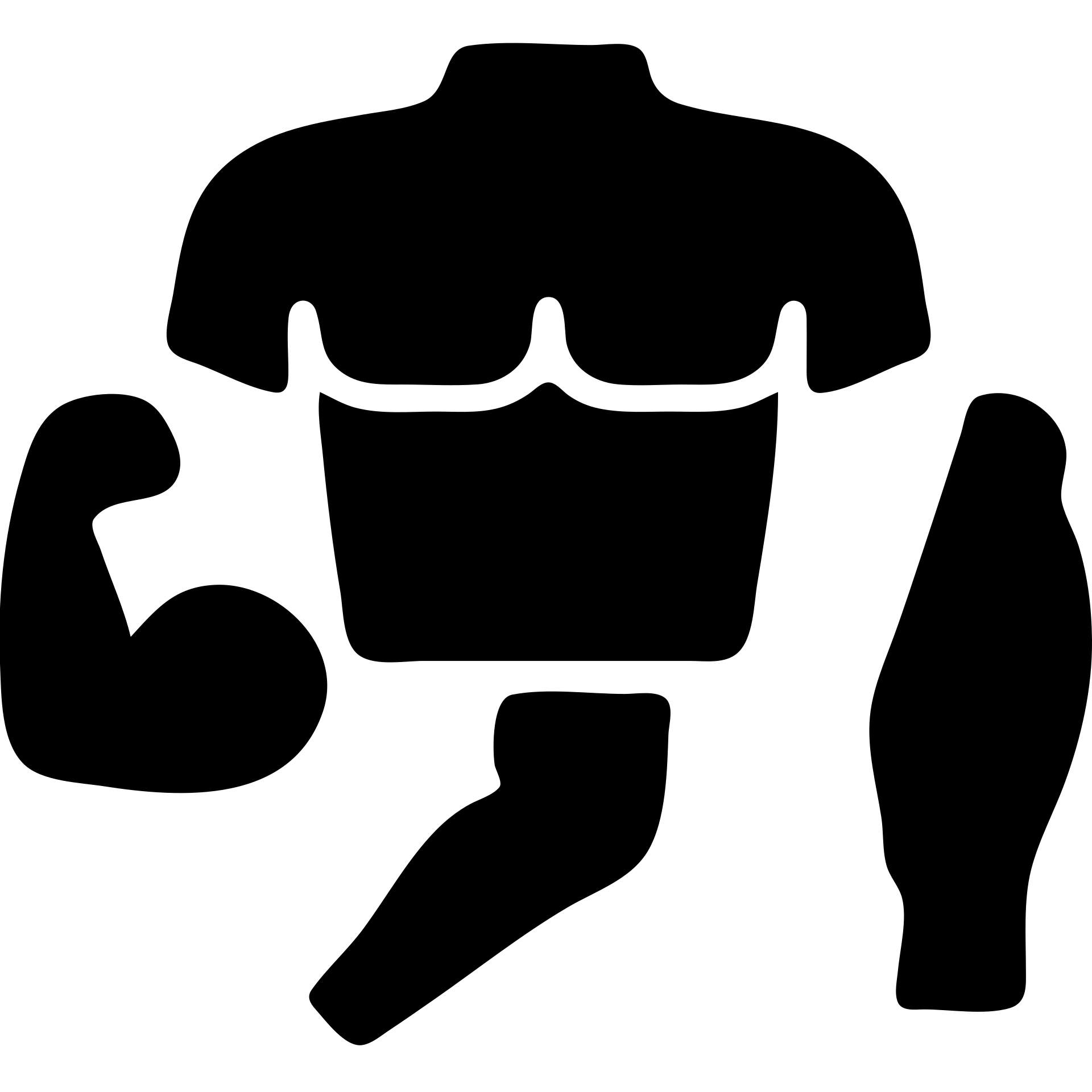 Minimalistic flat Apple iOS icon. Isolated muscle groups (chest, biceps, quadriceps) shown as separate colored or outlined anatomical shapes, no human silhouette, white or transparent background, no extra elements. emoji