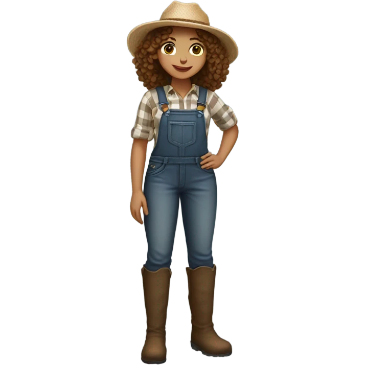 full body farmer girl standing, LIGHT skin tone, brown curly hair, dark eyes emoji