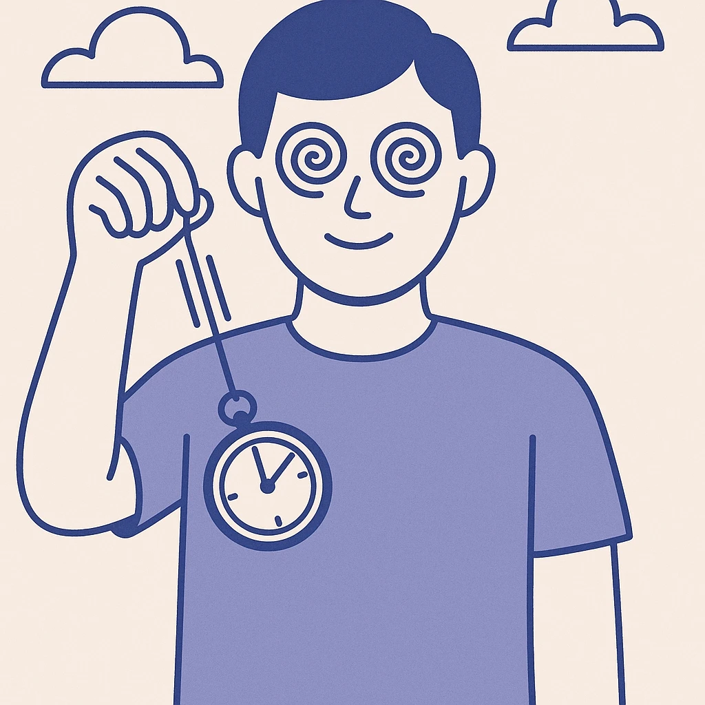 a person with spiral eyes and a pocket watch pendulum, clear expressive style, hypnotic effect emoji