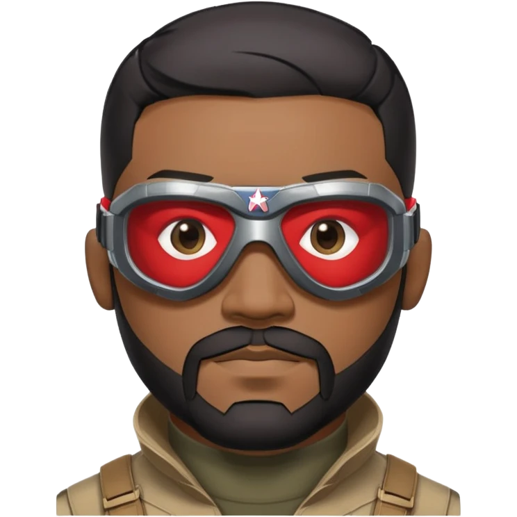 sam wilson with  short, neatly cropped black hair and a well-groomed beard that connects to his mustache,  wear sleek, red-tinted tactical goggles fit snugly from captain america: civil war emoji