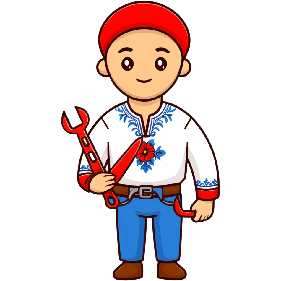 A Ukrainian man wearing traditional white embroidered vyshyvanka shirt holding red scissors in one hand and a spanner/wrench in the other hand emoji