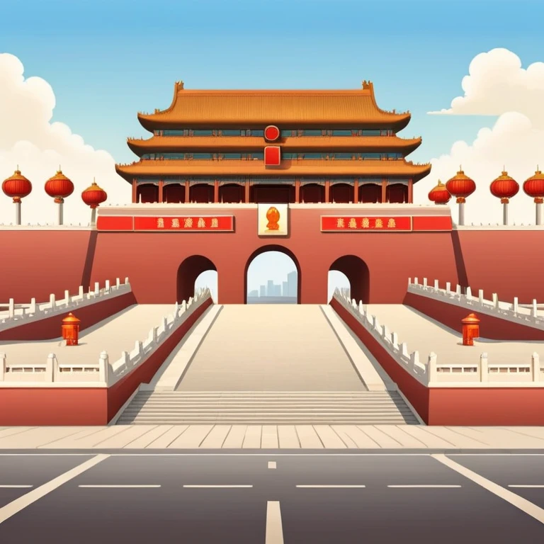 Tiananmen Square in Beijing with traditional Chinese architecture gate, sunny day, travel landmark illustration emoji