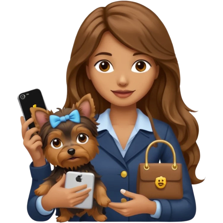 woman with long brown wavy hair, holding a Yorkshire Terrier and an iPhone, with a sale sign, emoji style emoji