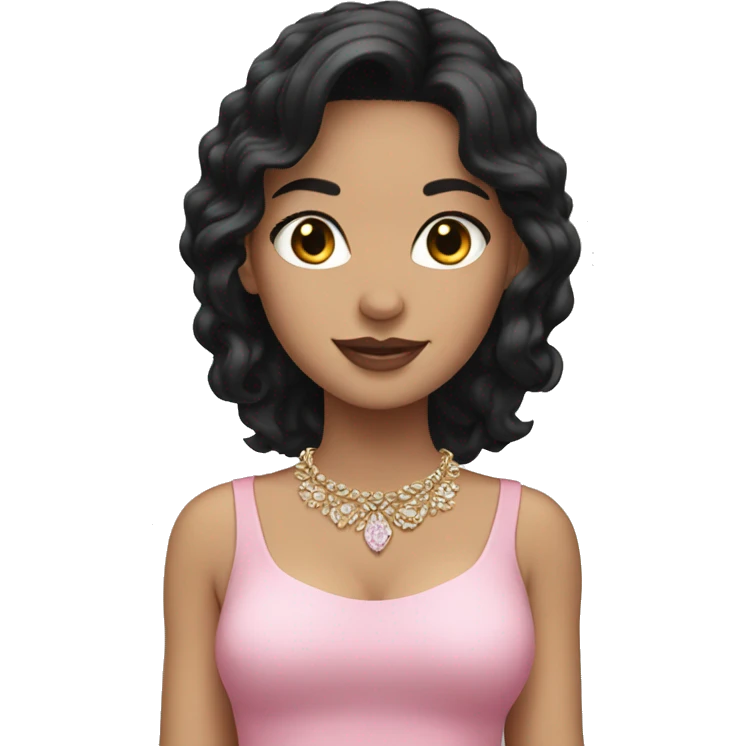 White girl with black hair wearing a pink dress with jewelry emoji