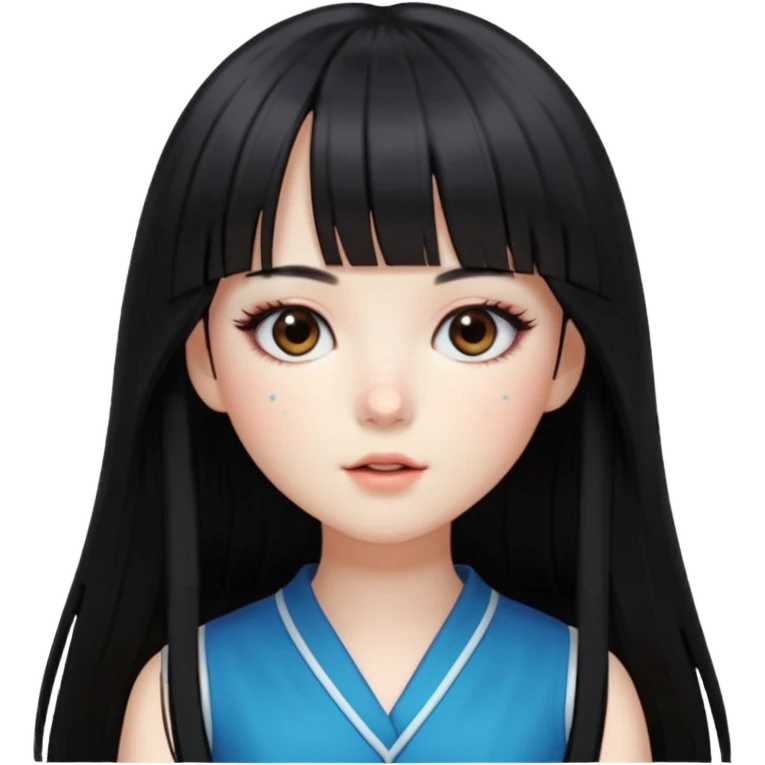 pale girl , who has silky straight extremely long black hair with bangs , chestnut monolid eyes , and doll like makeup , dressed like a kpop idol , has freckles emoji