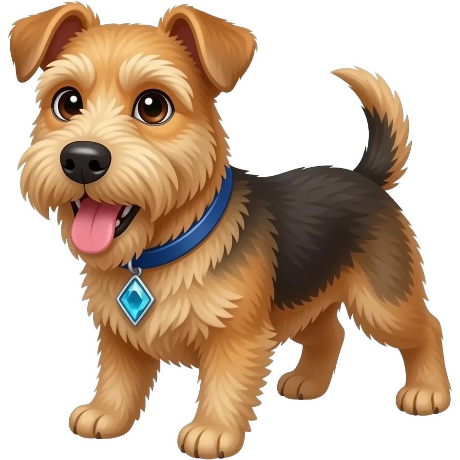 full body on four legs, silly terrier dog, looking at the camera, , tongue out and smiling , blue collar, diamond shaped opaque stone as collar pendant emoji