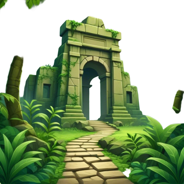 Icon for Adventure Movie: A vintage movie poster-style design with a jungle clearing path, dense foliage surrounding it. In the distance, ancient ruins peek through the trees. The atmosphere is mysterious and adventurous, with soft light cutting through the trees. Transparent background. emoji