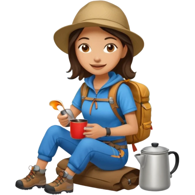 A cheerful female camper brewing coffee in a small metal pot sitting emoji