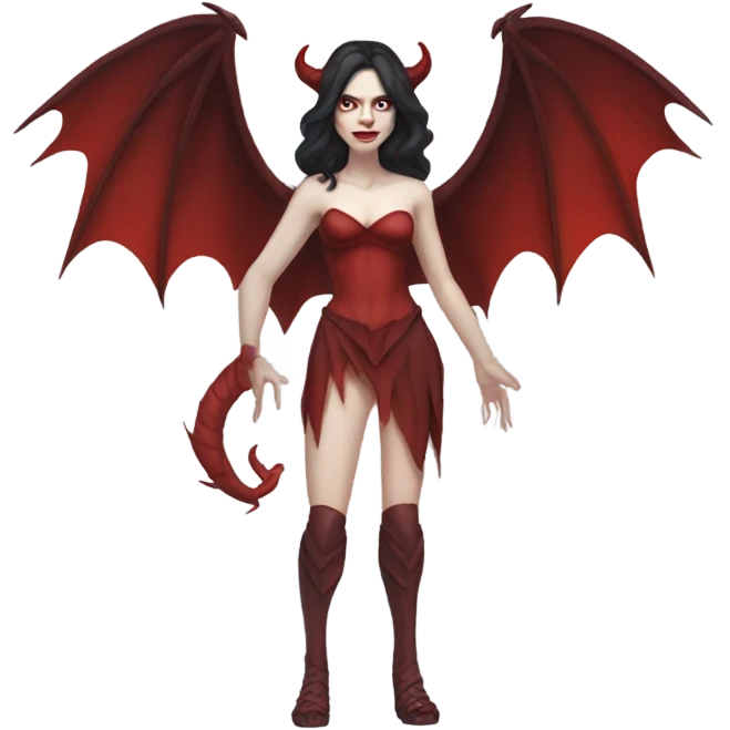 Pale skin, brunette demon woman with red wings and tail full body emoji