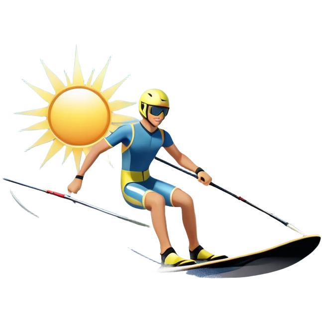A humanless icon showing a pair of water skis skimming across the surface of a lake, with a skier in motion. The design includes a wake behind the skier, splashing water, and the sun reflecting on the water. Transparent background highlights the speed and thrill of water skiing. emoji