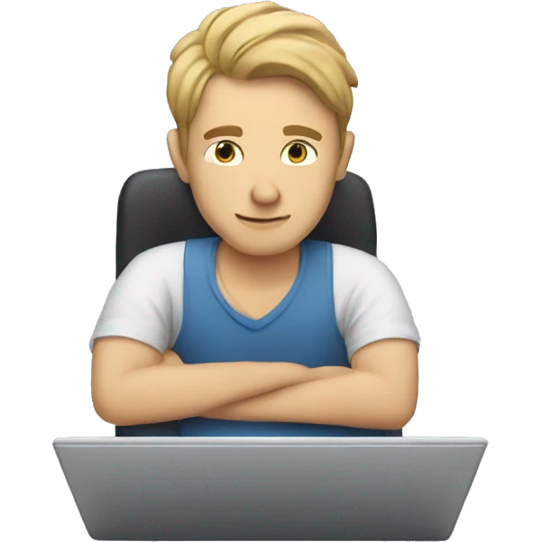 Caucasian guy working at laptop dreaming about his boyfriend and his mom emoji