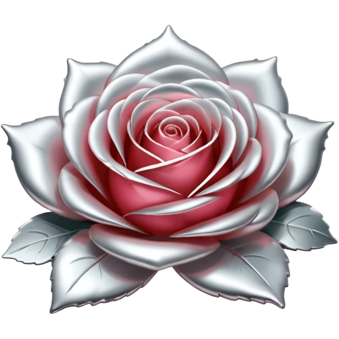 A rose emoji made of liquid silver metal, smooth metallic petals, reflective chrome surface, soft gradients, elegant shape, minimalistic iOS emoji style, centered, clean white background, realistic highlights, no text emoji