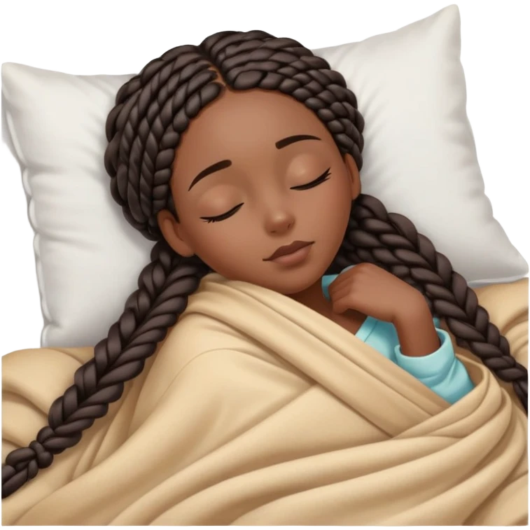 A dark-skinned Black woman with long box braids, lying on her side in bed, wrapped in a blanket, resting on a pillow, eyes closed. emoji