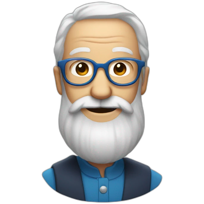 old man with red hair, blue glasses, long beard and moustache and a big smile emoji