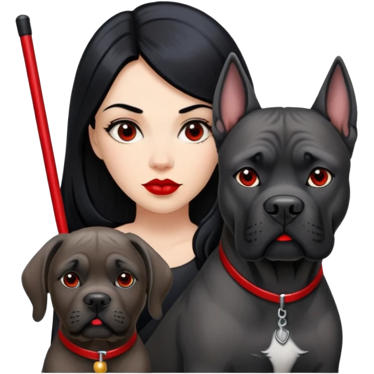 woman with long black hair and red lips next to a black Cane Corso dog with cropped ears and short tail emoji