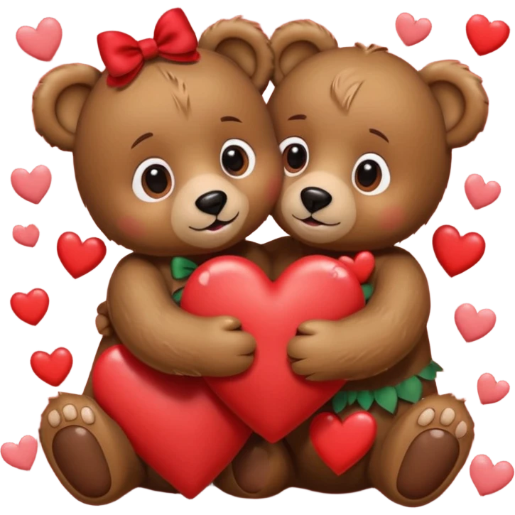 girl bear with bow and boy bear hugging, surrounded by hearts, playful and loving, cute emoji