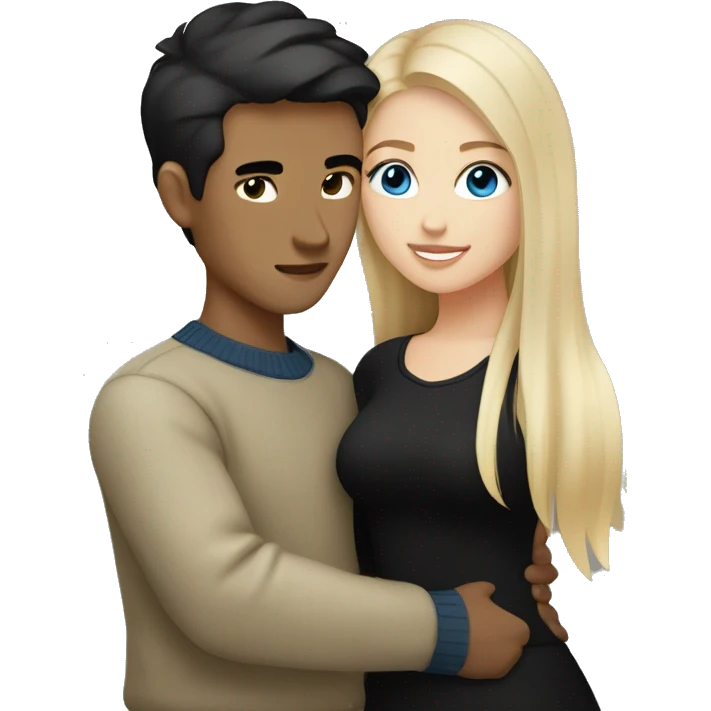 dark Blonde girl with blue eyes in black sweater and an east asian with light skin man with black hair and black eyes hugging emoji
