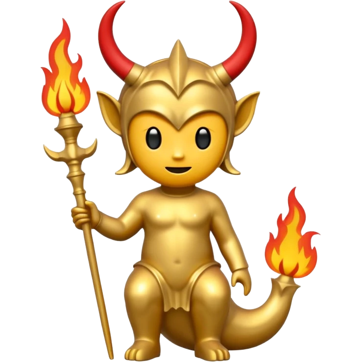 Minimalist emoji-style sticker of a full-body Oscar-like statue in gold color, with subtle devilish elements: small horns on the head, a pointed tail, and fire around the base. Flat design, thick lines, black, gold, and red color palette, silhouette style, centered on white square background. emoji