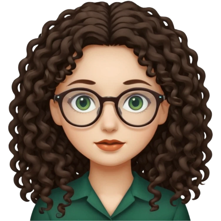 rapariga, olhos verdes escuros, cabelos compridos aos caracóis, com óculos emoji