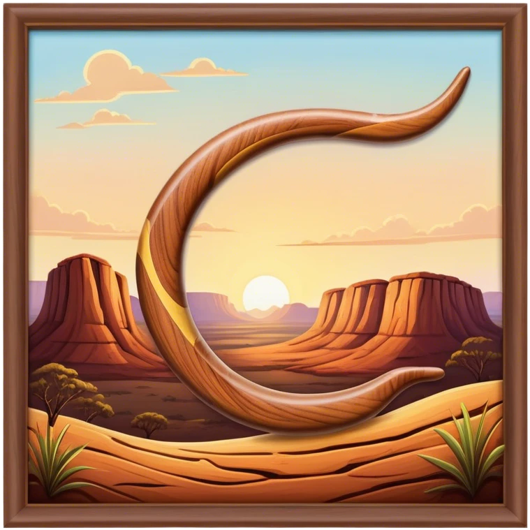 Cinematic Realistic image of a classic boomerang, rendered with detailed wood grain textures and vibrant colors, set against a sunlit outback landscape that emphasizes its iconic Australian heritage emoji