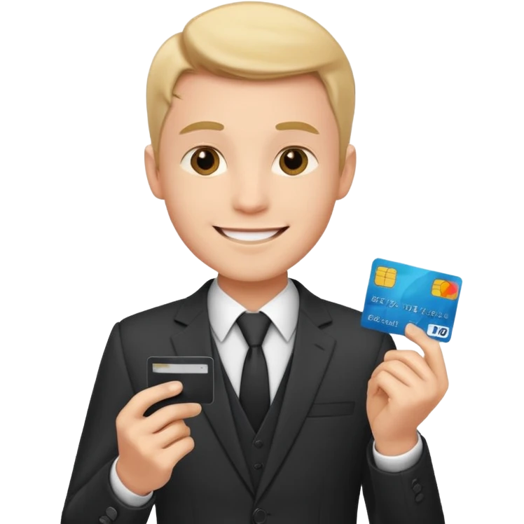 پسر جذاب با کلاس با کت شلوار کارت بانکی به دست emoji