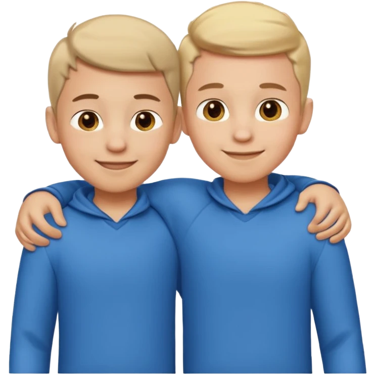 Two cartoon-style two  boy with similar features, arms around each other's shoulders, smiling, matching outfits, standing close, white background, emoji style emoji