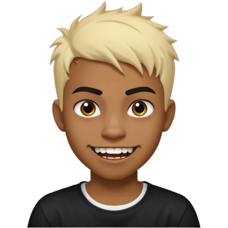 Black Male Teenager with Short punk messy blonde hair, Dark brown bushy eyebrows large expressive golden-brown eyes, wearing a plain white t-shirt, Dark Brown skin color. vampire tooth emoji
