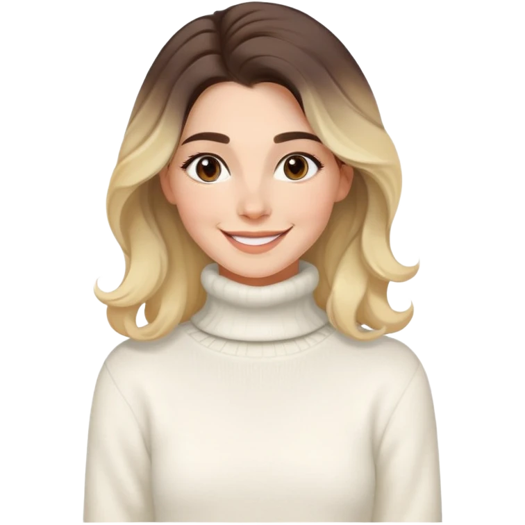 Mujer joven caucasian, cara alargada, cejas suaves, pelo marron oscuro ondulado con puntas rubias, raya al lado. Sonrisa amplia, expresión alegre. Turtle neck white sweater cozy with tea. Ombre hair.  emoji