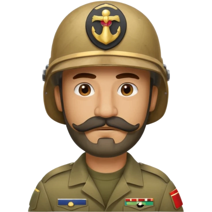 tired Iraqi military, in a helmet, with a moustache and beard emoji